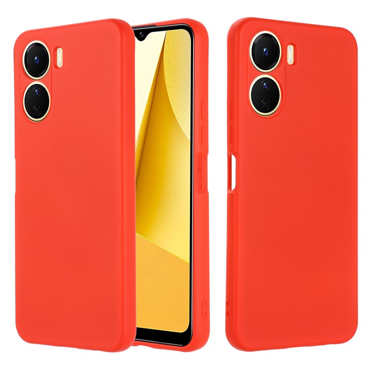 For vivo Y16 4G Phone Case, Liquid Silicone + Soft Lining Protective Back Cover with Strap - Red