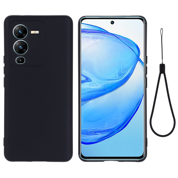 Phone Case for vivo V25 Pro 5G, Liquid Silicone + Soft Lining Protective Back Cover with Strap - Black