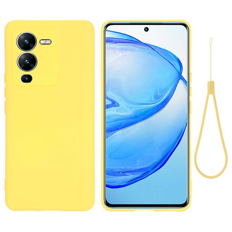 Phone Case for vivo V25 Pro 5G, Liquid Silicone + Soft Lining Protective Back Cover with Strap - Yellow