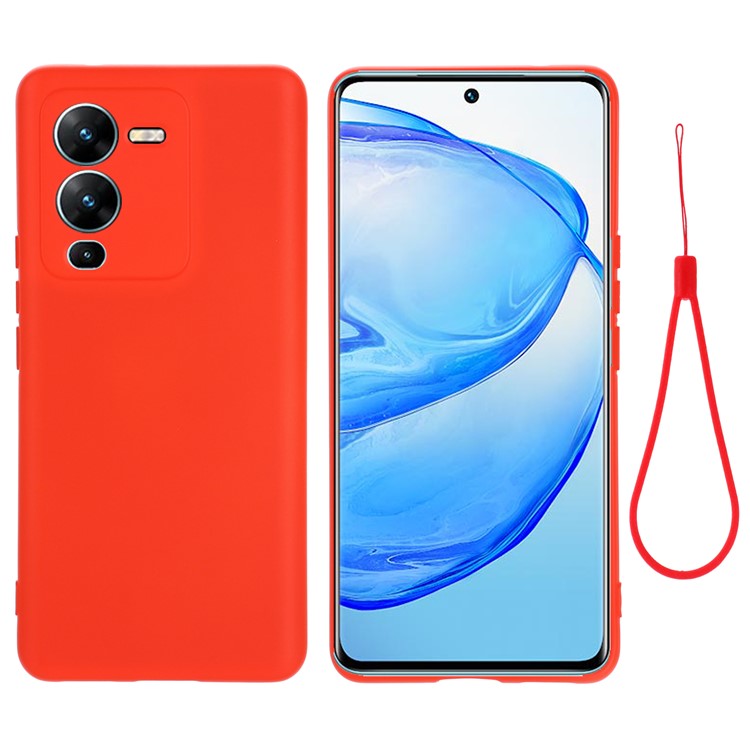 Phone Case for vivo V25 Pro 5G, Liquid Silicone + Soft Lining Protective Back Cover with Strap - Red