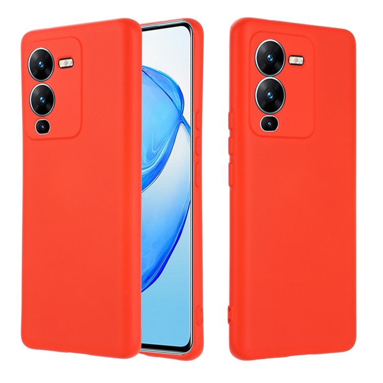 Phone Case for vivo V25 Pro 5G, Liquid Silicone + Soft Lining Protective Back Cover with Strap - Red