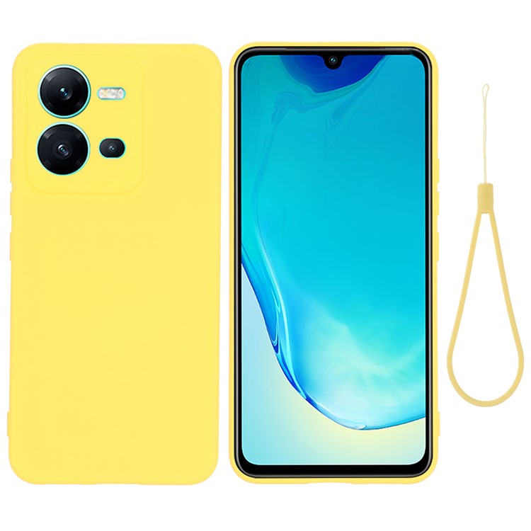 Protective Phone Case for vivo V25 5G / V25e 4G / X80 Lite 5G, Shock-absorbing Liquid Silicone Back Cover with Strap - Yellow