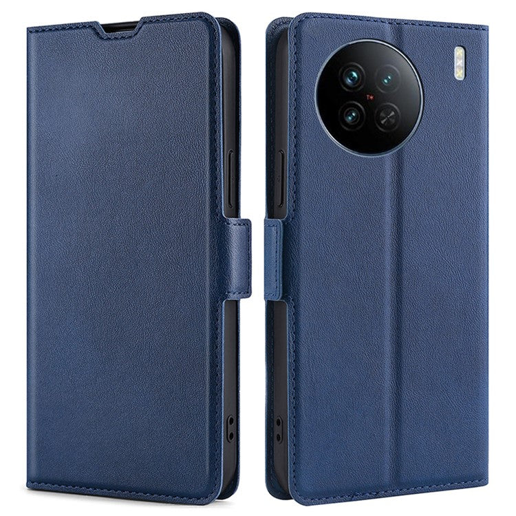 For vivo X90 5G PU Leather Flip Book Style Cover Stand Card Holder Slots Dual Magnetic Clasp Protective Phone Case - Blue