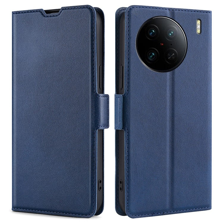 For vivo X90 Pro+ 5G PU Leather Card Holder Stand Shockproof Cover Dual Magnetic Clasp Flip Phone Case - Blue