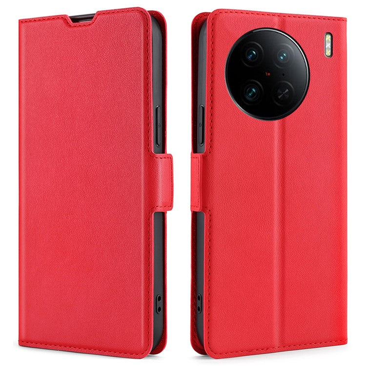 For vivo X90 Pro+ 5G PU Leather Card Holder Stand Shockproof Cover Dual Magnetic Clasp Flip Phone Case - Red