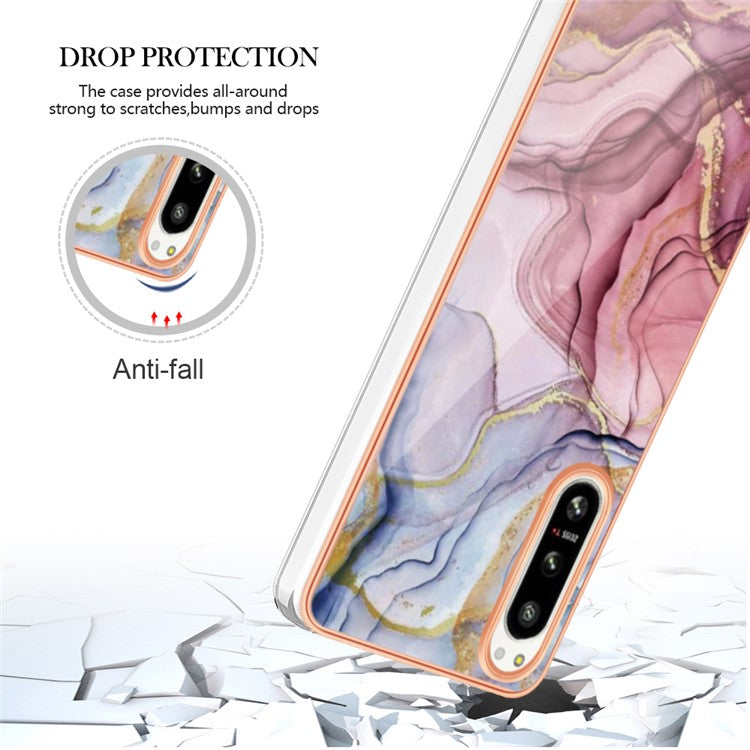 2.0mm Marble Pattern IMD Phone Case for Sony Xperia 5 IV 5G Shockproof TPU Case YB IMD Series-16 Style E Electroplating Back Cover - Rose Gold