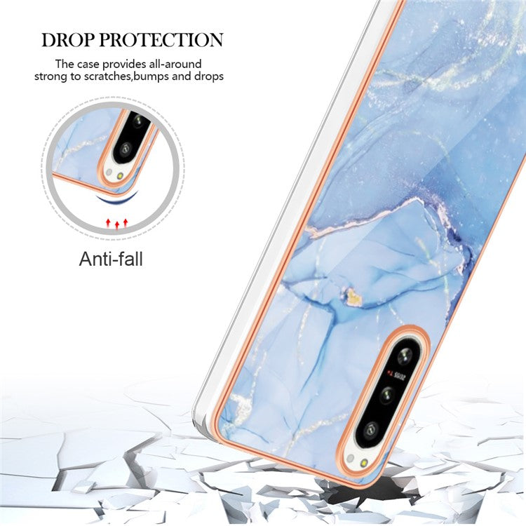 2.0mm Marble Pattern IMD Phone Case for Sony Xperia 5 IV 5G Shockproof TPU Case YB IMD Series-16 Style E Electroplating Back Cover - Blue