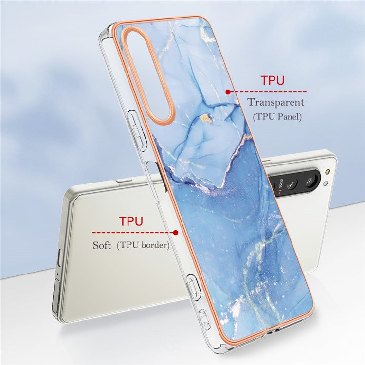 2.0mm Marble Pattern IMD Phone Case for Sony Xperia 5 IV 5G Shockproof TPU Case YB IMD Series-16 Style E Electroplating Back Cover - Blue