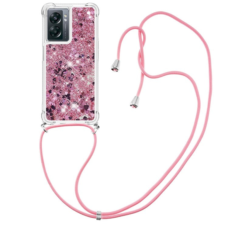 YB Quicksand Series-4 for OnePlus Nord N300 5G / Oppo A57 (2022) 5G / A77 5G / Realme Q5i / Narzo 50 5G / V23 5G Quicksand Phone Case Drop-proof Soft TPU Cover with Lanyard - Rose Gold  /  Hearts