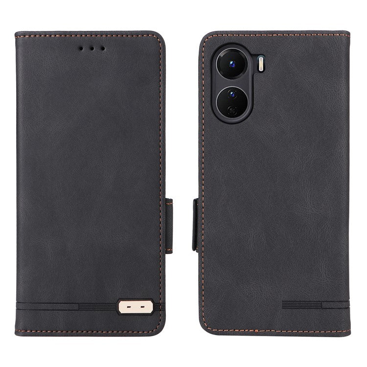 For vivo Y16 4G PU Leather Anti-drop Case Hardware Decor Dual Magnetic Clasp Wallet Stand Phone Cover - Black