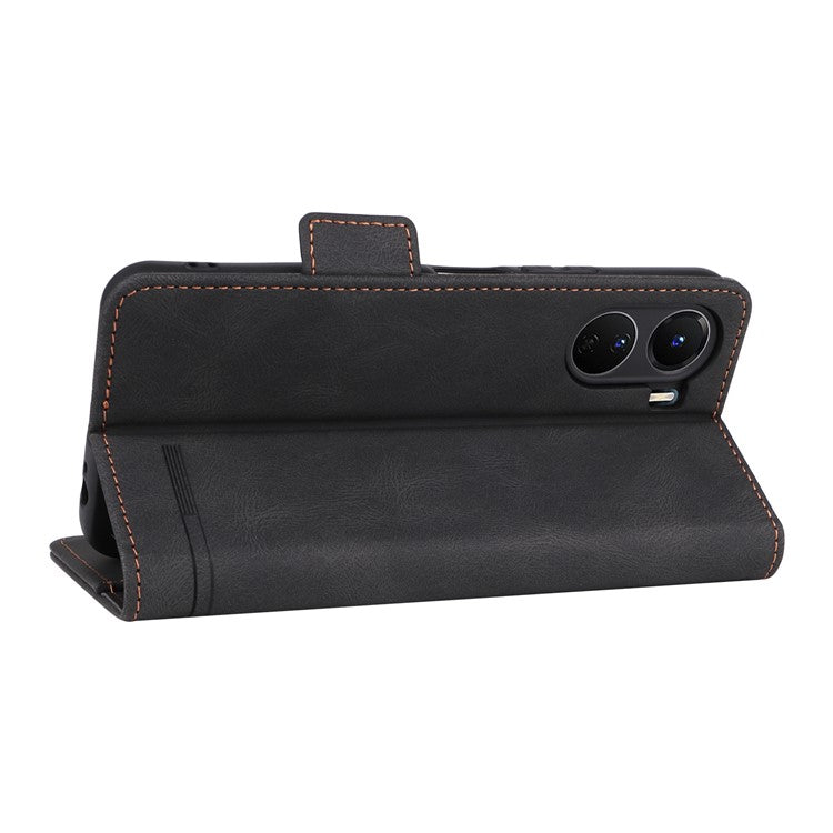 For vivo Y16 4G PU Leather Anti-drop Case Hardware Decor Dual Magnetic Clasp Wallet Stand Phone Cover - Black