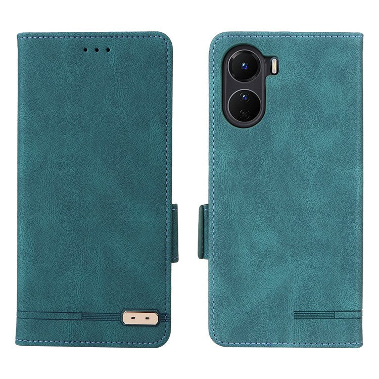 For vivo Y16 4G PU Leather Anti-drop Case Hardware Decor Dual Magnetic Clasp Wallet Stand Phone Cover - Blue