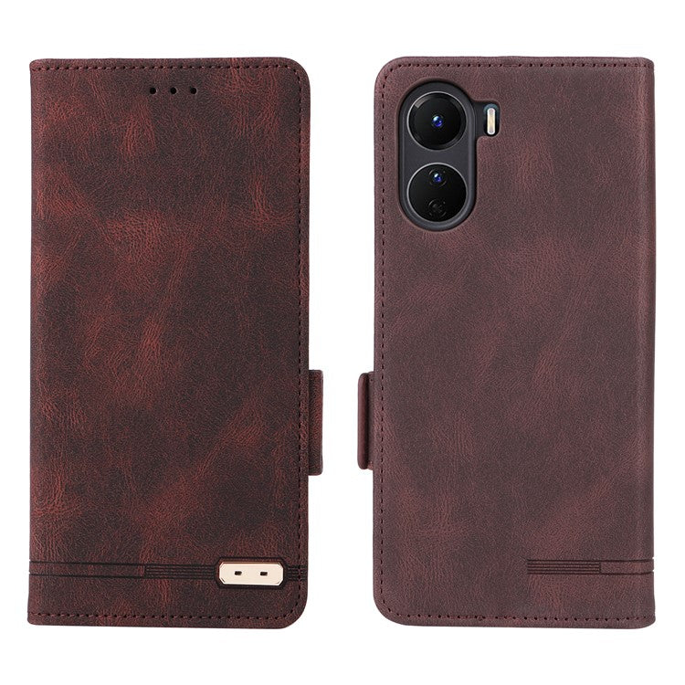 For vivo Y16 4G PU Leather Anti-drop Case Hardware Decor Dual Magnetic Clasp Wallet Stand Phone Cover - Coffee