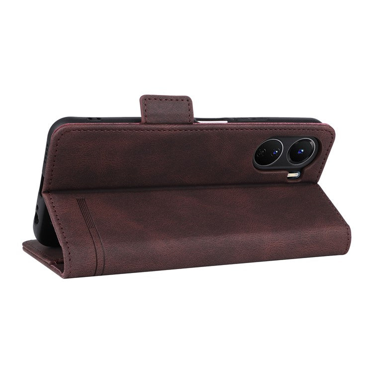 For vivo Y16 4G PU Leather Anti-drop Case Hardware Decor Dual Magnetic Clasp Wallet Stand Phone Cover - Coffee