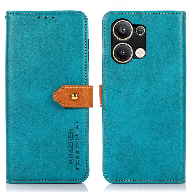 KHAZNEH Wallet Phone Case for Oppo Reno9 Pro+ 5G Cowhide Texture PU Leather Gold Buckle Shockproof Phone Cover with Stand - Blue