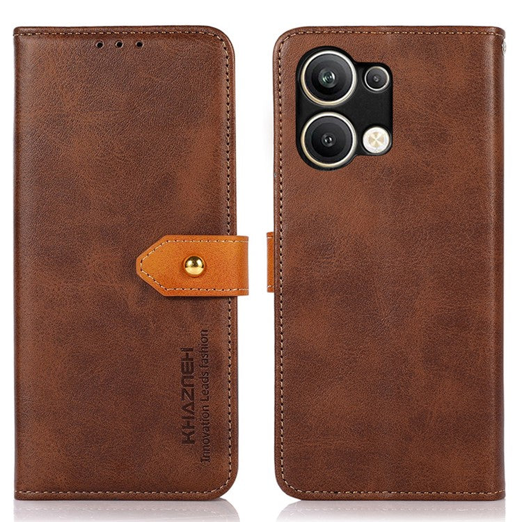 KHAZNEH Wallet Phone Case for Oppo Reno9 Pro+ 5G Cowhide Texture PU Leather Gold Buckle Shockproof Phone Cover with Stand - Brown