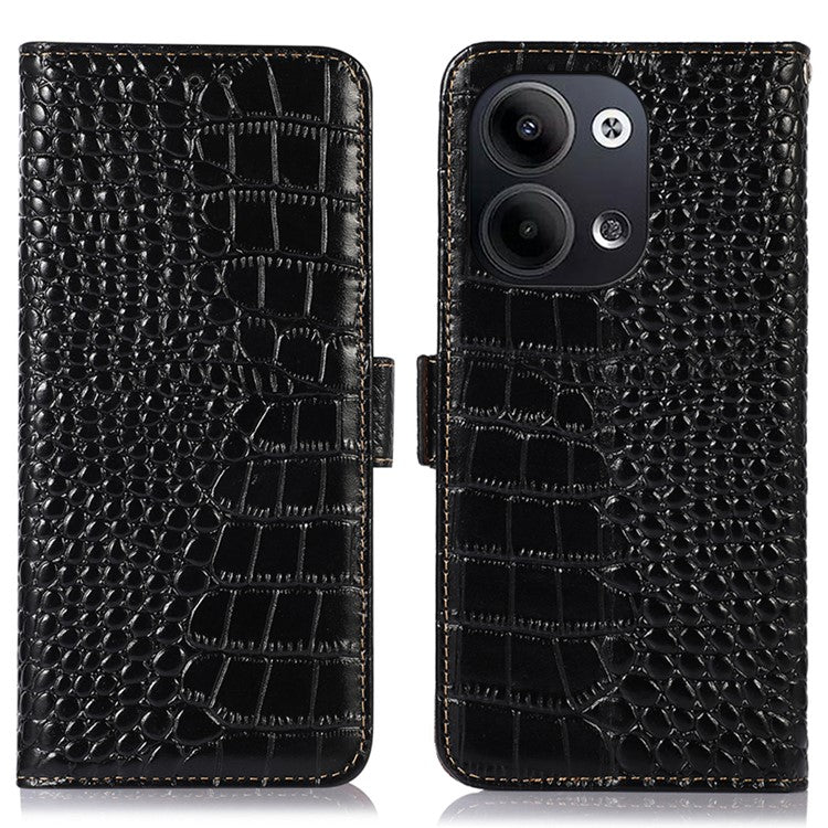 Shockproof Phone Case For Oppo Reno9 Pro 5G / Reno9 5G RFID Blocking Stand Wallet Crocodile Texture Genuine Cowhide Leather Cell Phone Cover - Black