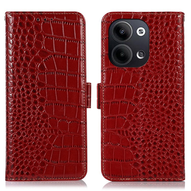 Shockproof Phone Case For Oppo Reno9 Pro 5G / Reno9 5G RFID Blocking Stand Wallet Crocodile Texture Genuine Cowhide Leather Cell Phone Cover - Red