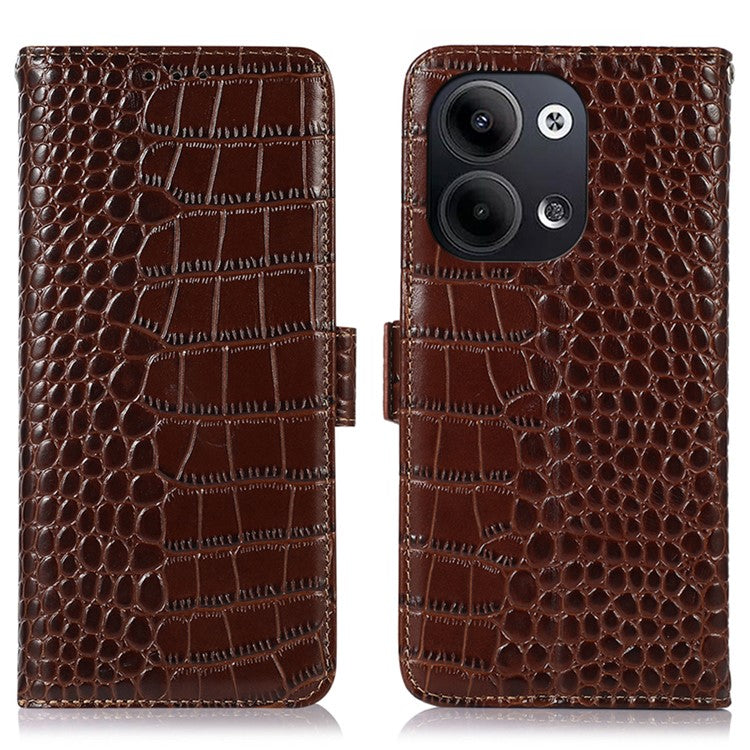 Shockproof Phone Case For Oppo Reno9 Pro 5G / Reno9 5G RFID Blocking Stand Wallet Crocodile Texture Genuine Cowhide Leather Cell Phone Cover - Brown