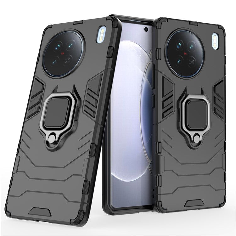 Hard PC + Soft TPU Phone Case for vivo X90 5G, Ring Holder Kickstand Shockproof Back Cover - Black