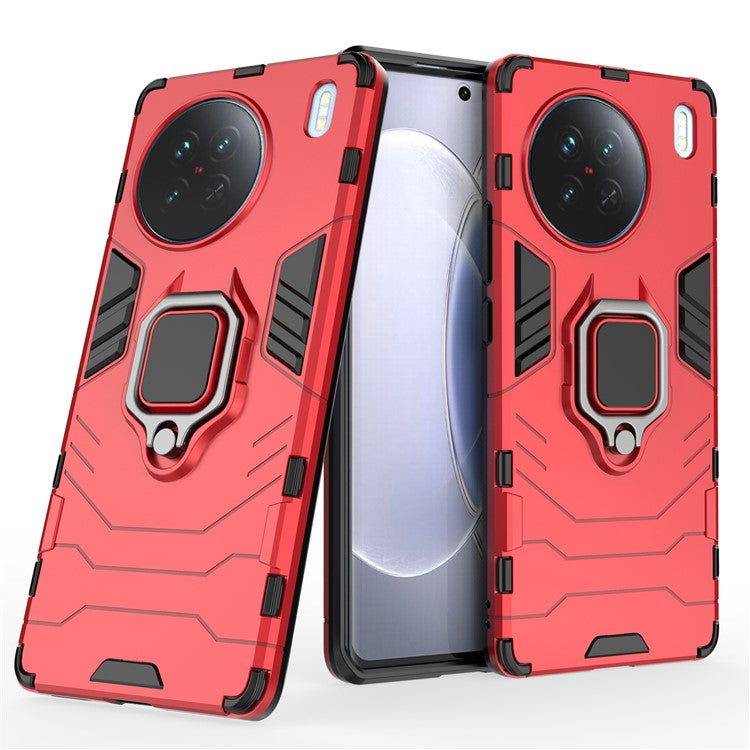 Hard PC + Soft TPU Phone Case for vivo X90 5G, Ring Holder Kickstand Shockproof Back Cover - Red