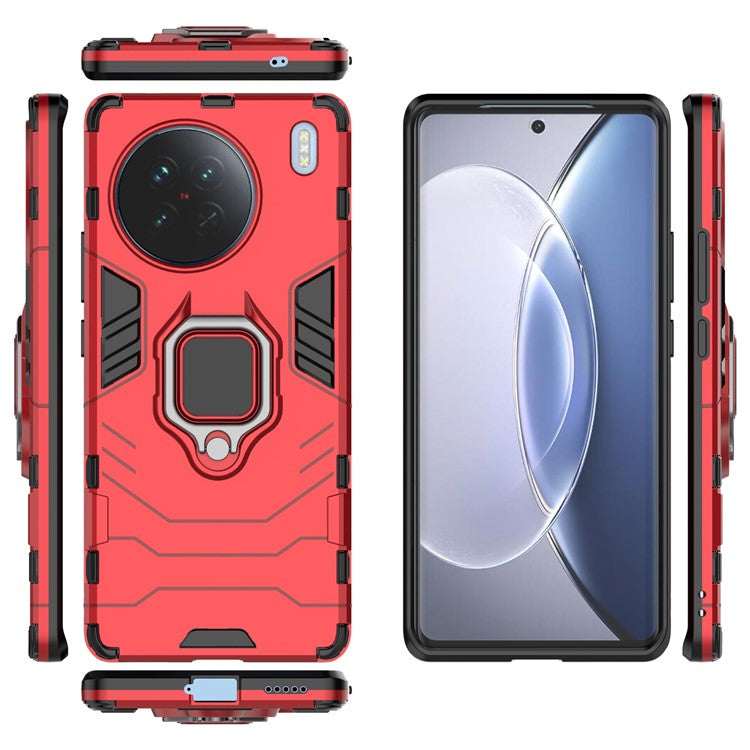 Hard PC + Soft TPU Phone Case for vivo X90 5G, Ring Holder Kickstand Shockproof Back Cover - Red