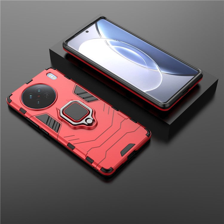 Hard PC + Soft TPU Phone Case for vivo X90 5G, Ring Holder Kickstand Shockproof Back Cover - Red