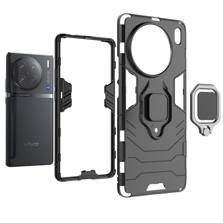 Anti-drop Phone Case for vivo X90 Pro 5G, Ring Kickstand Hard PC + Soft TPU Protective Cover - Black