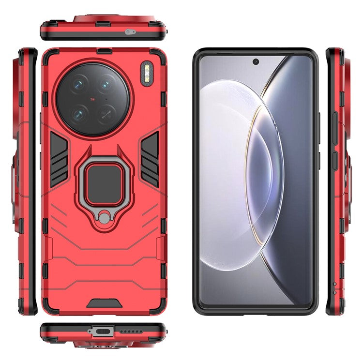 Anti-drop Phone Case for vivo X90 Pro 5G, Ring Kickstand Hard PC + Soft TPU Protective Cover - Red