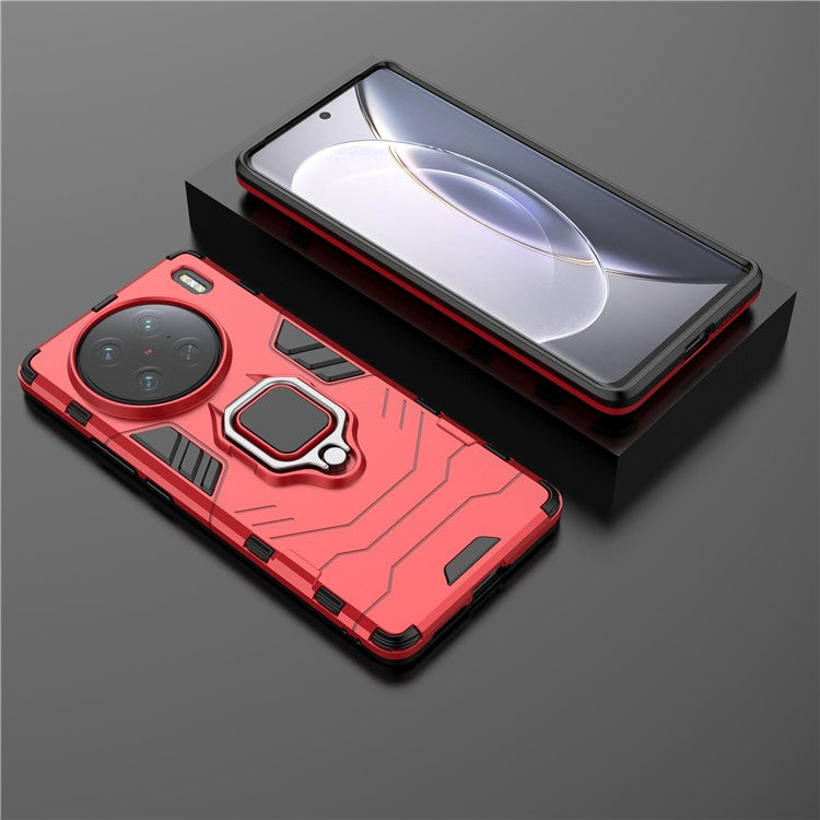 Anti-drop Phone Case for vivo X90 Pro 5G, Ring Kickstand Hard PC + Soft TPU Protective Cover - Red