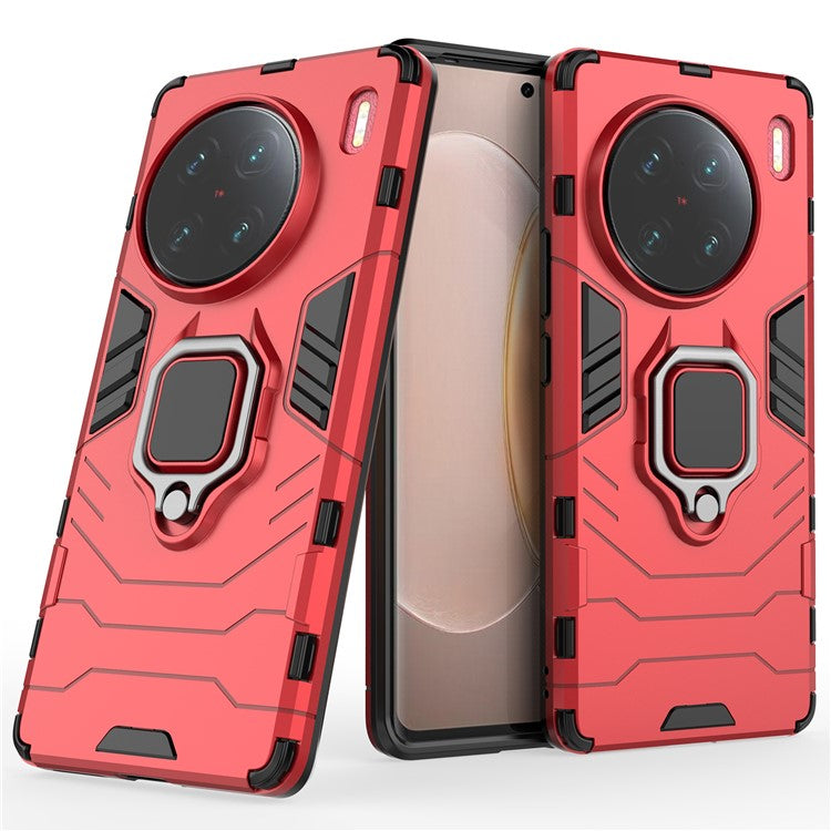 Cell Phone Case for vivo X90 Pro+ 5G, Ring Holder Kickstand Anti-scratch Hard PC + Soft TPU Hybrid Cover - Red