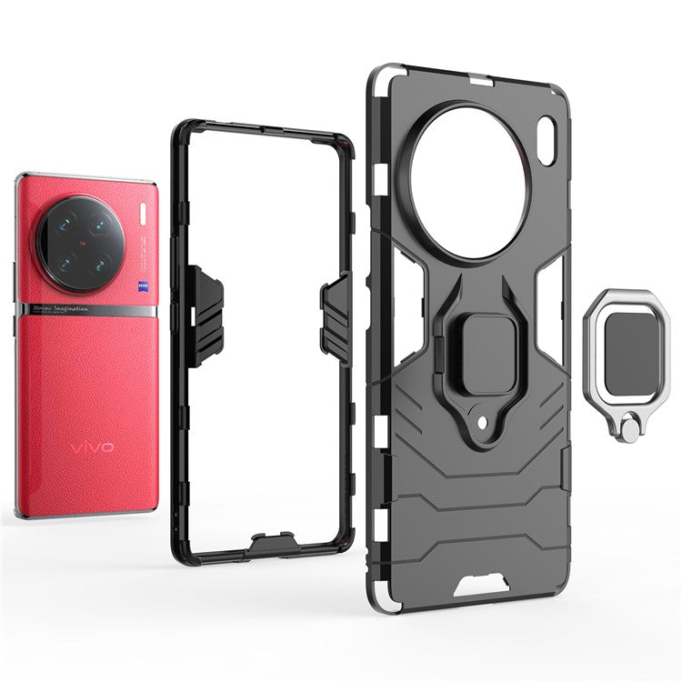 Cell Phone Case for vivo X90 Pro+ 5G, Ring Holder Kickstand Anti-scratch Hard PC + Soft TPU Hybrid Cover - Red