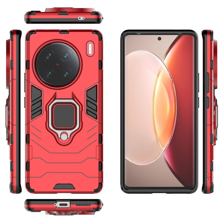 Cell Phone Case for vivo X90 Pro+ 5G, Ring Holder Kickstand Anti-scratch Hard PC + Soft TPU Hybrid Cover - Red