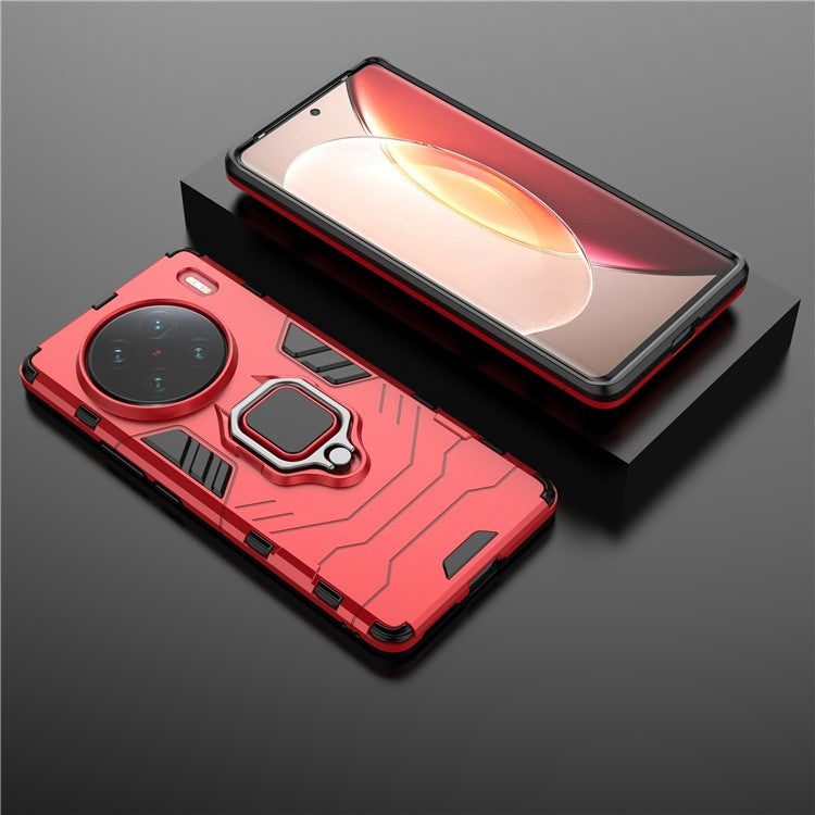 Cell Phone Case for vivo X90 Pro+ 5G, Ring Holder Kickstand Anti-scratch Hard PC + Soft TPU Hybrid Cover - Red