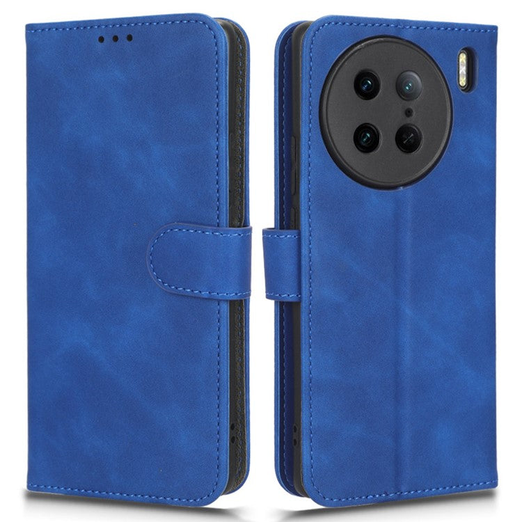 Drop-Proof Cell Phone Cover For vivo X90 Pro 5G Skin-Touch Feeling PU Leather Flip Wallet Case Stand - Blue