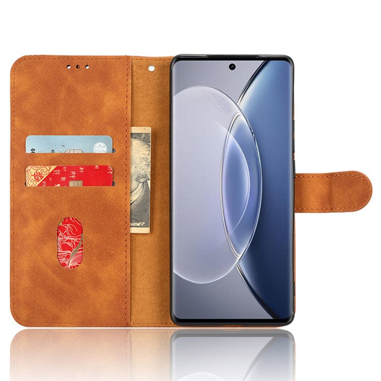 Drop-Proof Cell Phone Cover For vivo X90 Pro 5G Skin-Touch Feeling PU Leather Flip Wallet Case Stand - Brown