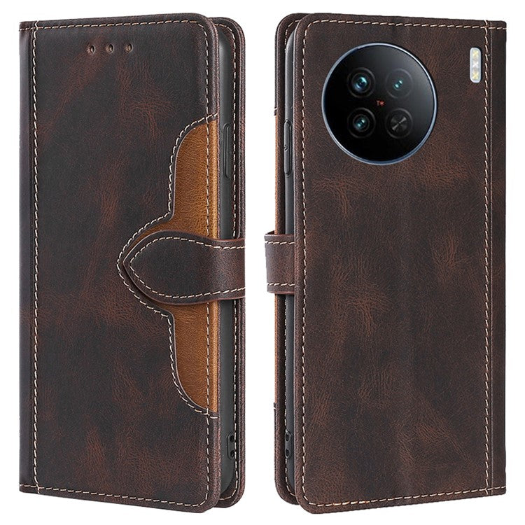 For vivo X90 5G Skin-touch Feeling Stand Wallet Case Anti-scratch PU Leather Straw Hat Design Phone Cover - Brown