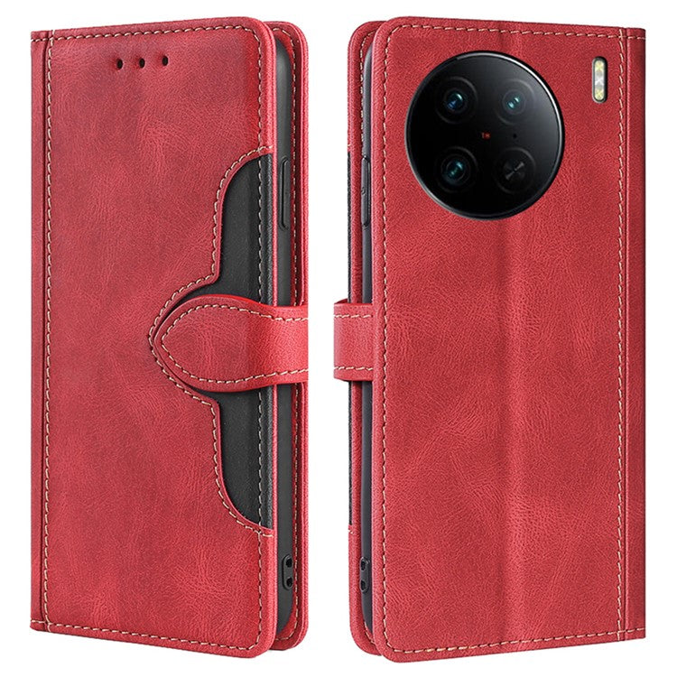 For vivo X90 Pro+ 5G Skin-touch Feeling Stand Wallet PU Leather Case Straw Hat Design Magnetic Clasp Phone Cover - Red