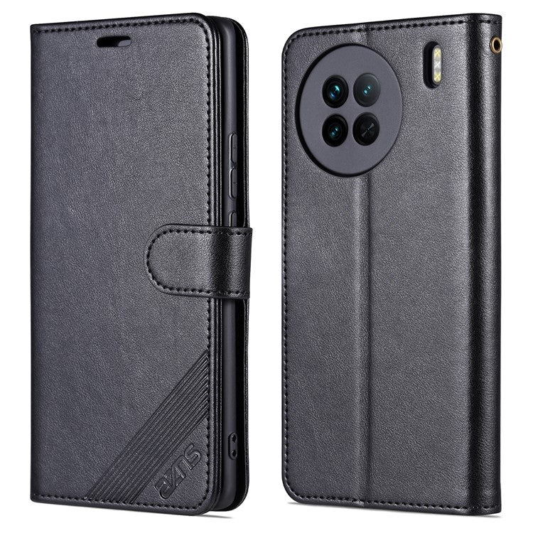 AZNS Textured PU Leather Stand Case for vivo X90 5G, Magnetic Clasp Shockproof Wallet Phone Cover - Black