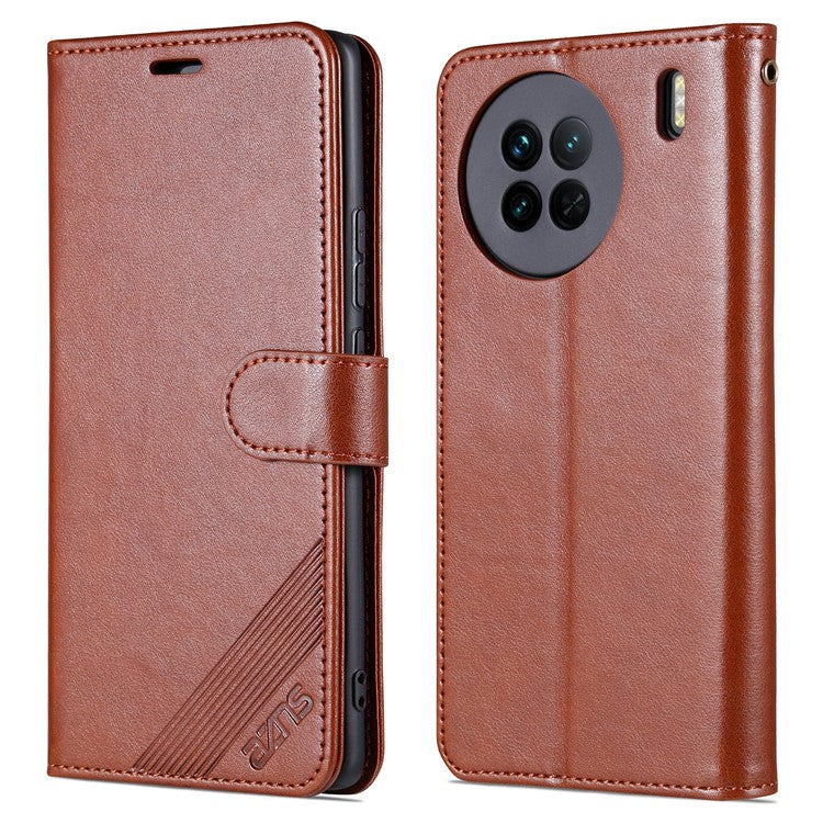 AZNS Textured PU Leather Stand Case for vivo X90 5G, Magnetic Clasp Shockproof Wallet Phone Cover - Brown