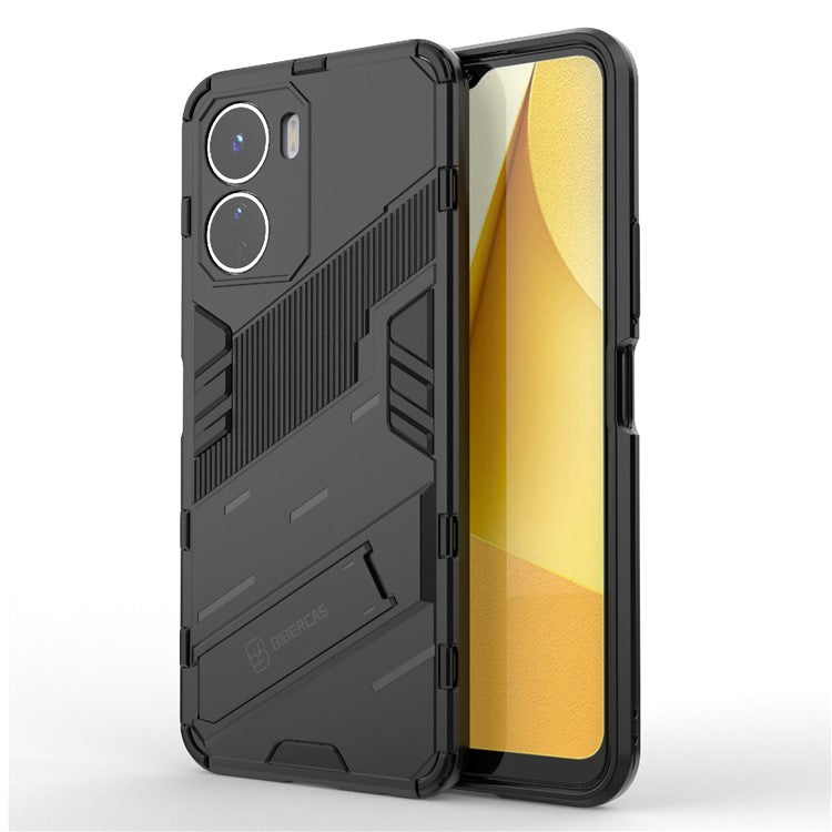 For vivo Y16 4G Kickstand Phone Case Dual-Layer Design Soft TPU Hard PC Shockproof Protective Cover - Black