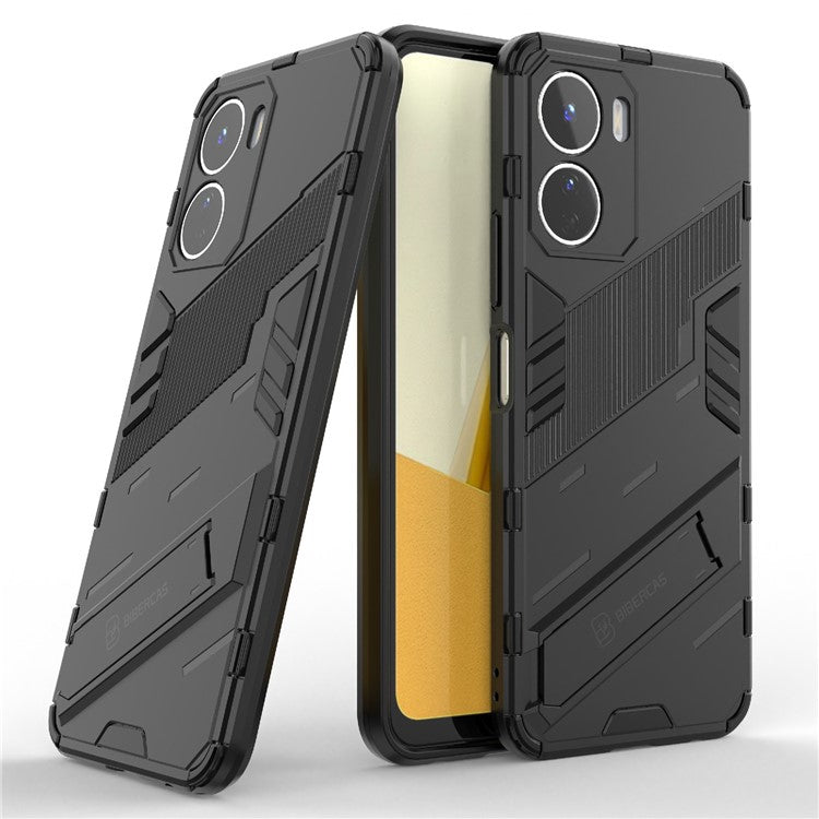 For vivo Y16 4G Kickstand Phone Case Dual-Layer Design Soft TPU Hard PC Shockproof Protective Cover - Black