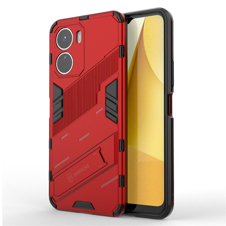 For vivo Y16 4G Kickstand Phone Case Dual-Layer Design Soft TPU Hard PC Shockproof Protective Cover - Red