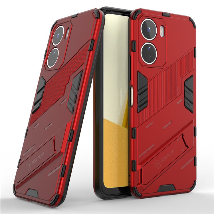 For vivo Y16 4G Kickstand Phone Case Dual-Layer Design Soft TPU Hard PC Shockproof Protective Cover - Red