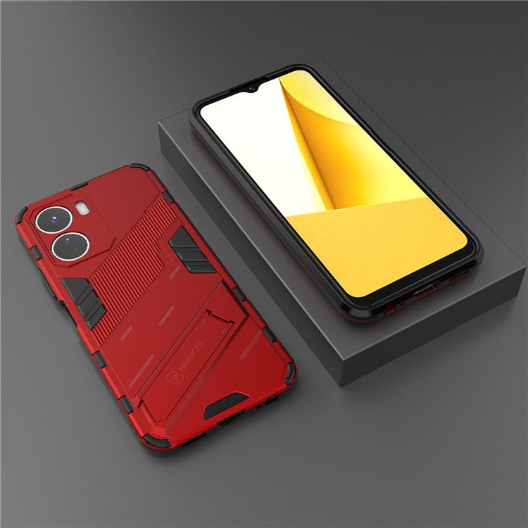 For vivo Y16 4G Kickstand Phone Case Dual-Layer Design Soft TPU Hard PC Shockproof Protective Cover - Red