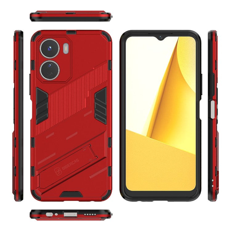 For vivo Y16 4G Kickstand Phone Case Dual-Layer Design Soft TPU Hard PC Shockproof Protective Cover - Red