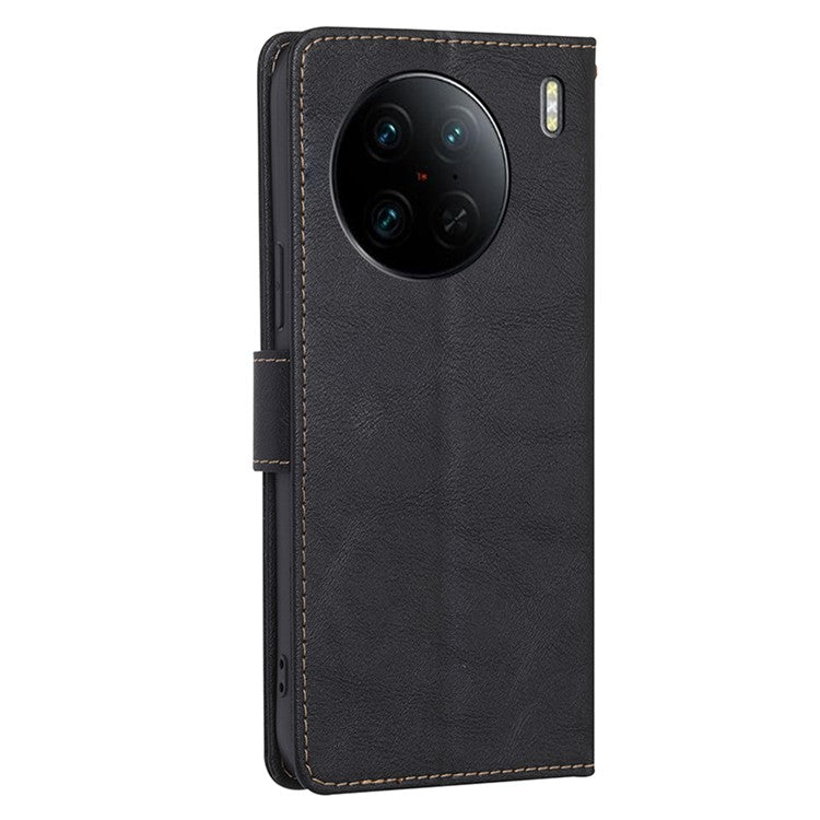 For vivo X90 Pro 5G Cowhide Texture PU Leather Flip Phone Case RFID Blocking Wallet Stand Magnetic Folio Cover - Black