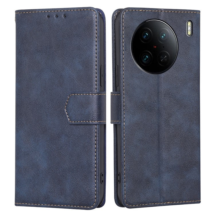 For vivo X90 Pro 5G Cowhide Texture PU Leather Flip Phone Case RFID Blocking Wallet Stand Magnetic Folio Cover - Blue