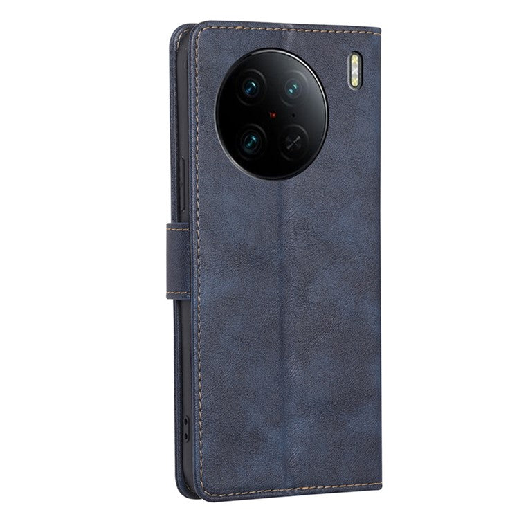 For vivo X90 Pro 5G Cowhide Texture PU Leather Flip Phone Case RFID Blocking Wallet Stand Magnetic Folio Cover - Blue