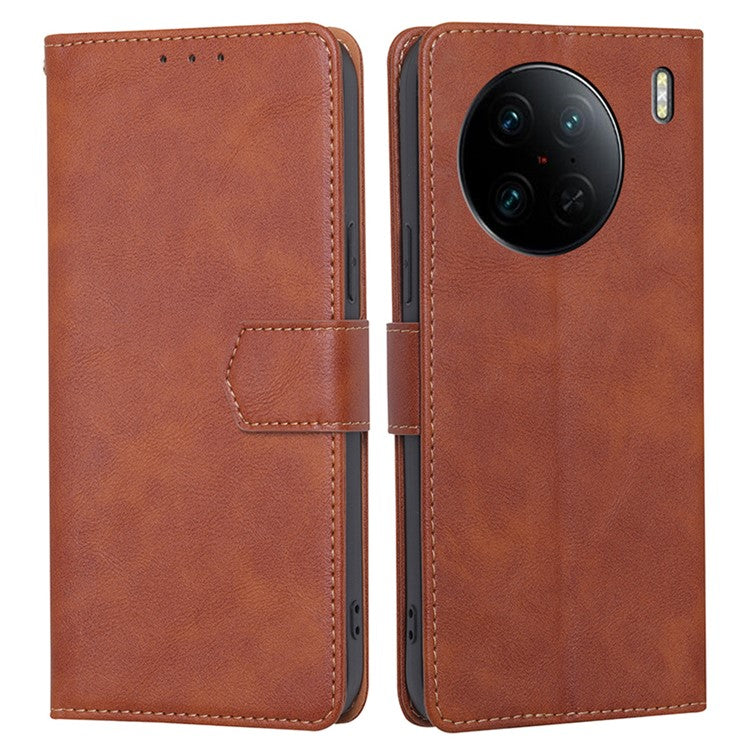 For vivo X90 Pro 5G Cowhide Texture PU Leather Flip Phone Case RFID Blocking Wallet Stand Magnetic Folio Cover - Brown